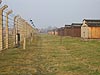 Auschwitz camp fence and prisoner's barracks
